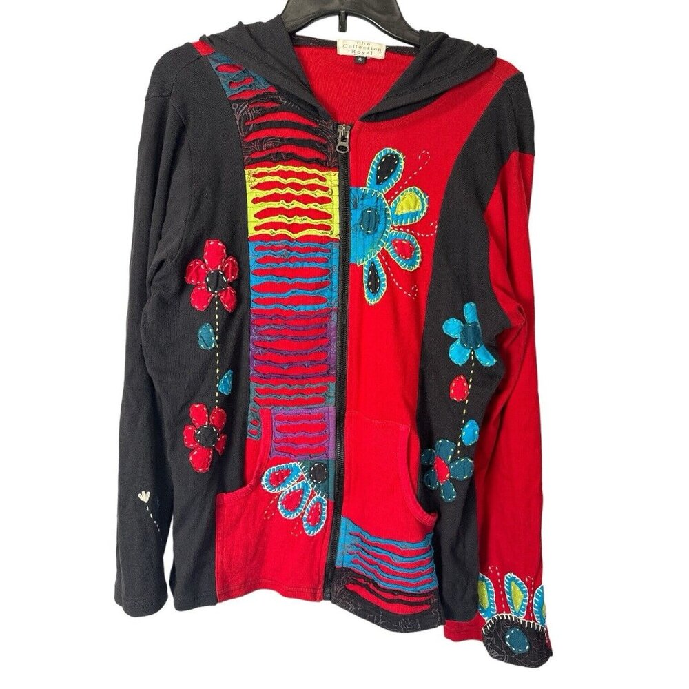 The Collection Royal Hoodie Jacket Womens XL Red/Black Full Zip Hippy Boho 70s